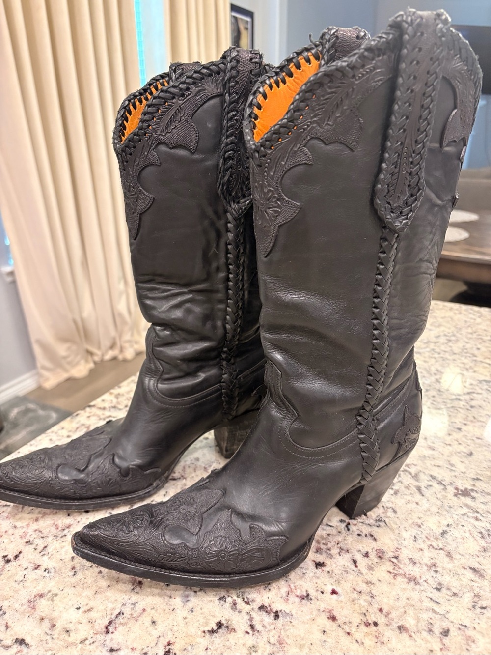 Old Gringo Black Leather Western Braided Heeled Boots with Orange Lining